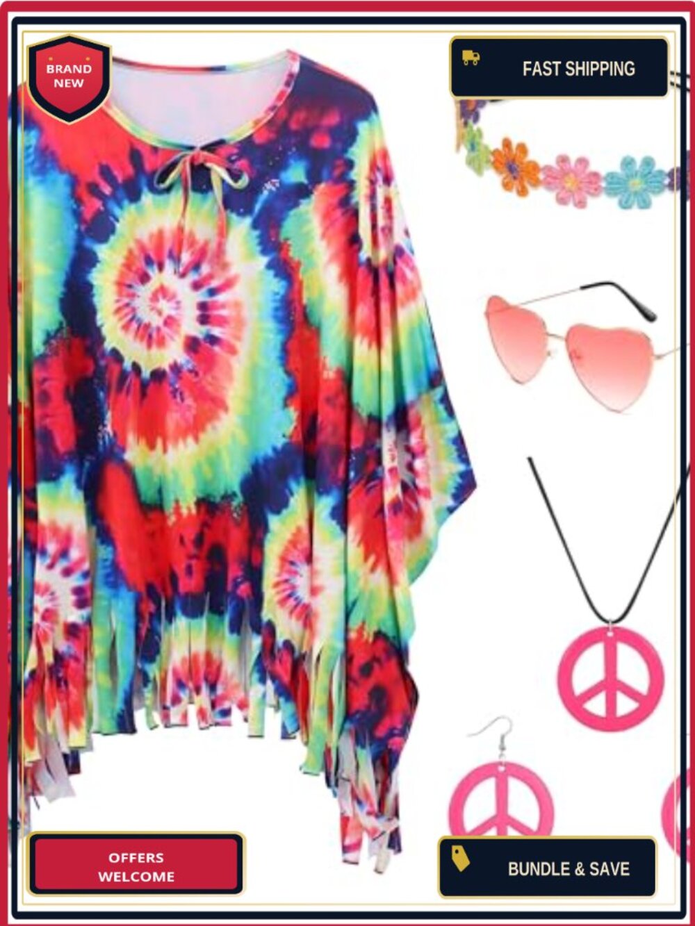 Hippie Costume Set Tie Dye Fringe Top Headband Sunglasses Necklace Earrings